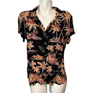 Citron Santa Monica Black Pink Palm Tree Hawaiian Blouse Size Medium Rayon
